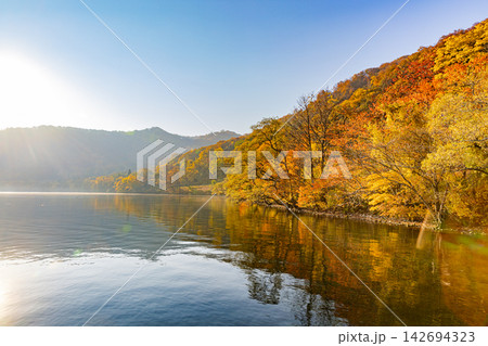 青森県　十和田湖の美しい秋景色 142694323