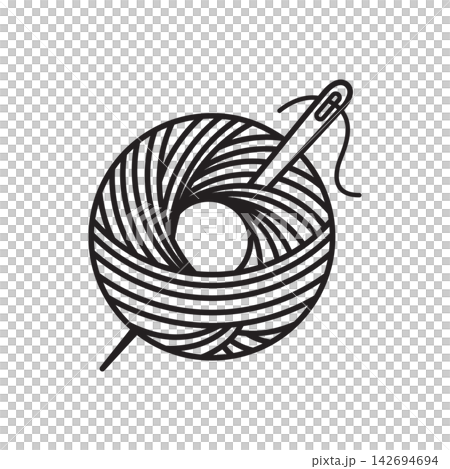 Minimalist line icon depicting a ball of wool yarn with a needle inserted through the center. Minimalist line icon depicting a ball of wool yarn with a needle inserted through the center. 142694694
