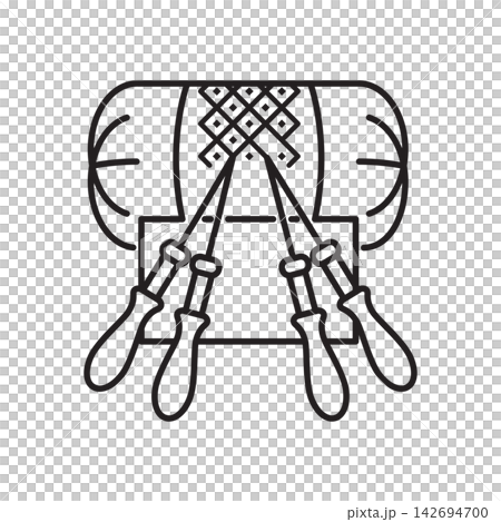 Line art icon depicting a traditional cylindrical bolster pillow with bobbins for lacemaking. Line art icon depicting a traditional cylindrical bolster pillow with bobbins for lacemaking. 142694700