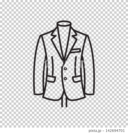 Minimalist line icon of a tailored men's suit jacket fitted on a dress mannequin. Minimalist line icon of a tailored men's suit jacket fitted on a dress mannequin. 142694701