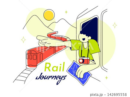Rail Journeys Vector Illustration Featuring Scenic Train Travel, Railway Tracks, Adventure, Transportation, Tourism, And Countryside Landscape 142695558