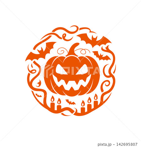 Halloween pumpkin round frame with flying bats Halloween pumpkin round frame with flying bats 142695807