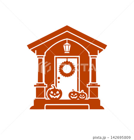 Halloween decorated house porch with spooky pumpkins 142695809