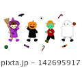 ハロウィンの仮装をして楽しむかわいい子供たちのイラスト素材 142695917