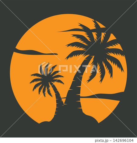 concept with summer beach with palm trees, ocean and sunset beach summer illustration template concept with summer beach with palm trees, ocean and sunset beach summer illustration template 142696104