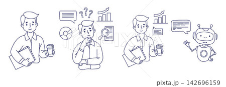 AI Chatbot Assistant and Businessman Set. Male Character Collaborating with Cute Robot. Hand Drawn Line Art. Man Thinking Over Analytics Charts and Automation. Isolated Outline Vector Illustration. 142696159