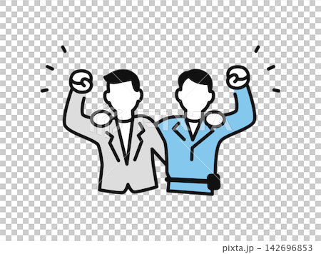 Simple vector illustration icon of a businessman with his arm around another man in work clothes. Simple vector illustration icon of a businessman with his arm around another man in work clothes. 142696853