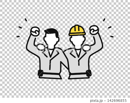 Simple vector illustration icon of two construction workers with their arms around each other's shoulders. Simple vector illustration icon of two construction workers with their arms around each other's shoulders. 142696855