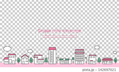 Simple colored cityscape illustration, pink background, white background, 16:9 aspect ratio. Simple colored cityscape illustration, pink background, white background, 16:9 aspect ratio. 142697021