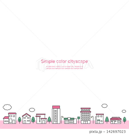 シンプルなカラーの街並みイラスト ピンク 白背景 正方形 シンプルなカラーの街並みイラスト ピンク 白背景 正方形 142697023