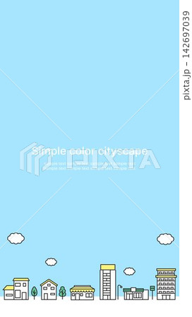 シンプルなカラーの街並みイラスト 緑と黄色の街並み 背景青空 縦長16:9 シンプルなカラーの街並みイラスト 緑と黄色の街並み 背景青空 縦長16:9 142697039