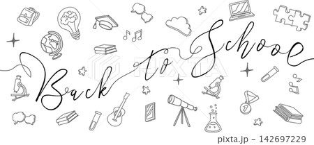 Educational horizontal banner with hand drawn school doodles and bold Back to School lettering. Vector graphic background 142697229