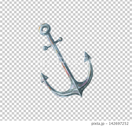 Watercolor anchor isolated on white background. Hand drawn marine illustration of vintage steel ship anchor with rust. Realistic detailed ocean nautical element for travel design Watercolor anchor isolated on white background. Hand drawn marine illustration of vintage steel ship anchor with rust. Realistic detailed ocean nautical element for travel design 142697252