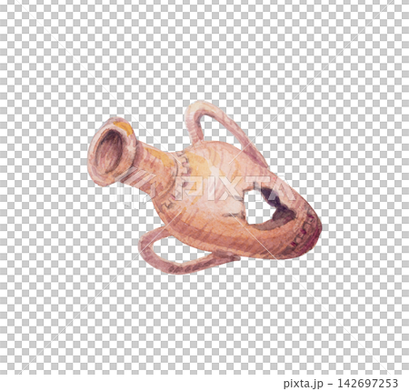 Watercolor ancient amphora isolated on white background. Hand drawn marine illustration of broken antique clay vase pitcher. Realistic detailed ocean pirate treasure element for design Watercolor ancient amphora isolated on white background. Hand drawn marine illustration of broken antique clay vase pitcher. Realistic detailed ocean pirate treasure element for design 142697253
