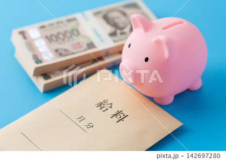 ピンクの豚の貯金箱と給料と札束 ピンクの豚の貯金箱と給料と札束 142697280