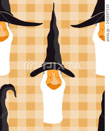 Goose in witch hats gingham seamless pattern. Halloween character background, vector illustration. Goose in witch hats gingham seamless pattern. Halloween character background, vector illustration. 142697310