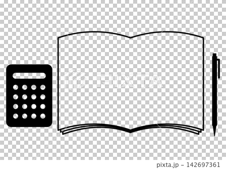 An open notebook, calculator, ballpoint pen, household account book, accounting, learning icons, and frames. An open notebook, calculator, ballpoint pen, household account book, accounting, learning icons, and frames. 142697361