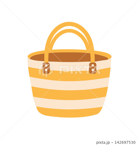Yellow and White Striped Beach Bag Isolated on white background. Trendy summer hand drawn Illustration. Yellow and White Striped Beach Bag Isolated on white background. Trendy summer hand drawn Illustration. 142697530
