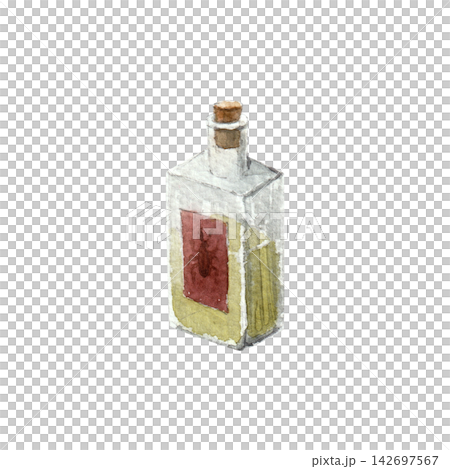Decorative potion bottle with magical green liquid. Watercolor illustration for Halloween packaging, cards, posters 142697567