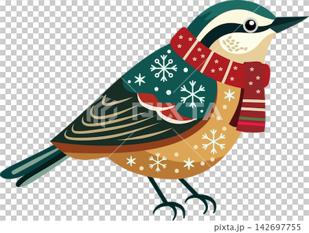 Decorative illustration of a stylized blue, teal, cream, and golden songbird wearing a red patterned scarf. Decorative illustration of a stylized blue, teal, cream, and golden songbird wearing a red patterned scarf. 142697755