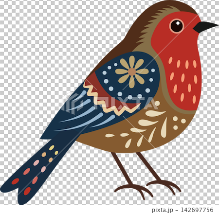 Colorful decorative bird illustration of a stylized red, brown, and blue songbird with intricate floral and geometric patterns on its body and wings. Colorful decorative bird illustration of a stylized red, brown, and blue songbird with intricate floral and geometric patterns on its body and wings. 142697756