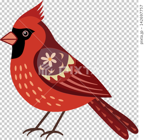 Decorative red cardinal bird illustration with a bright red body, dark red wings and tail, a black facial mask, peach-colored beak, and a floral patterned wing. Decorative red cardinal bird illustration with a bright red body, dark red wings and tail, a black facial mask, peach-colored beak, and a floral patterned wing. 142697757