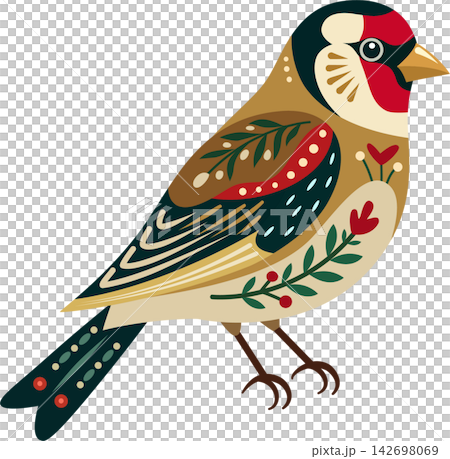 A colorful folk-art style illustration of a stylized goldfinch with red, cream, brown, teal, and green plumage. A colorful folk-art style illustration of a stylized goldfinch with red, cream, brown, teal, and green plumage. 142698069