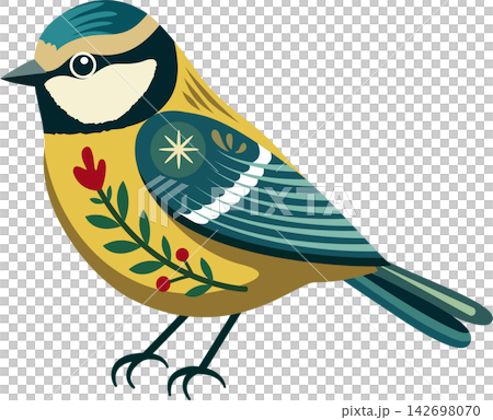 A folk-art style illustration featuring a yellow and teal songbird with a cream face, decorative floral motifs, red berries, and intricate striped wing feathers. A folk-art style illustration featuring a yellow and teal songbird with a cream face, decorative floral motifs, red berries, and intricate striped wing feathers. 142698070