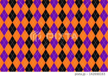 Argyle pattern in traditional Halloween colors. Orange, purple and black rhombus shapes print. Sweater, socks, plaid or wrapping paper print with repeated diamonds. Vector flat illustration Argyle pattern in traditional Halloween colors. Orange, purple and black rhombus shapes print. Sweater, socks, plaid or wrapping paper print with repeated diamonds. Vector flat illustration 142698163