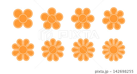 Simple orange flower shapes with petals from 4 to 12. Geometric floral silhouettes isolated on white background. Decorative design elements. Vector flat illustration Simple orange flower shapes with petals from 4 to 12. Geometric floral silhouettes isolated on white background. Decorative design elements. Vector flat illustration 142698255