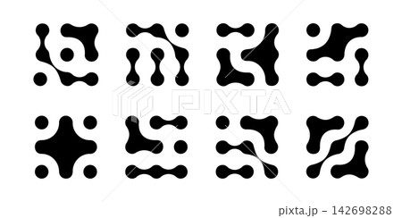 Set of meta ball patterns. Linked fluid drops, dots or organic shapes isolated on white background. Connected neurons, nano molecules or biological cells. Modern abstract print. Vector illustration Set of meta ball patterns. Linked fluid drops, dots or organic shapes isolated on white background. Connected neurons, nano molecules or biological cells. Modern abstract print. Vector illustration 142698288