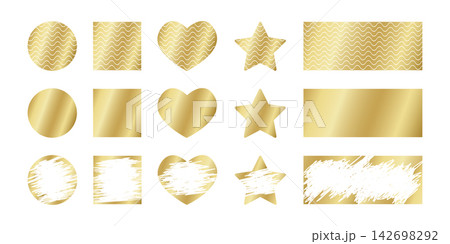 Set of gold scratchcard surfaces with whole and scraped textures. Collection of golden lottery, gift card or sale coupon templates isolated on white background. Vector realistic illustration Set of gold scratchcard surfaces with whole and scraped textures. Collection of golden lottery, gift card or sale coupon templates isolated on white background. Vector realistic illustration 142698292