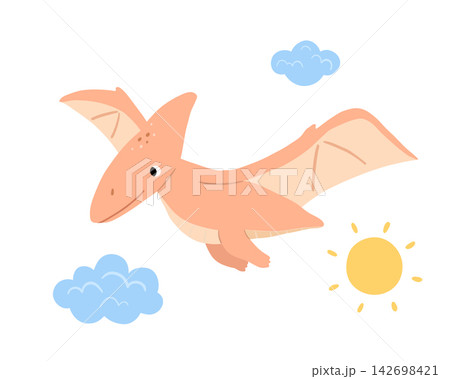 Cute pterodactyl in sky for kids. Flat cartoon dino character for nursery decor, children vector isolated illustration Cute pterodactyl in sky for kids. Flat cartoon dino character for nursery decor, children vector isolated illustration 142698421