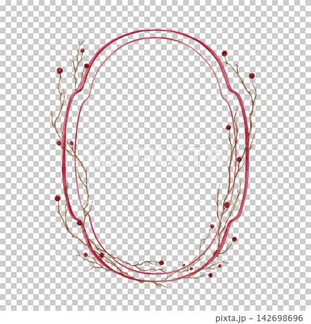Hand painted watercolor trendy oval frame of thin rust brown twigs with small burgundy berries and soft dark red arcs, empty centre for text, minimal terracotta palette, white background. 142698696