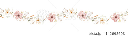 Hand painted watercolor seamless border with blush pink anemones, cream white daisies, sage green leaves and dried wheat sprigs, repeating horizontal wedding botanical trim isolated on background Hand painted watercolor seamless border with blush pink anemones, cream white daisies, sage green leaves and dried wheat sprigs, repeating horizontal wedding botanical trim isolated on background 142698698
