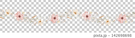 Hand painted watercolor seamless border with blush pink anemones, cream white daisies, sage green leaves and dried wheat sprigs, repeating horizontal wedding botanical trim isolated on background Hand painted watercolor seamless border with blush pink anemones, cream white daisies, sage green leaves and dried wheat sprigs, repeating horizontal wedding botanical trim isolated on background 142698698