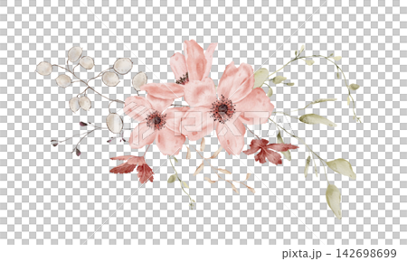 Arrangement of blush pink anemones with dark centers, silvery Lunaria seed pods, terracotta maple leaves and trailing sage green stems on white background. Hand-painted watercolor illustration Arrangement of blush pink anemones with dark centers, silvery Lunaria seed pods, terracotta maple leaves and trailing sage green stems on white background. Hand-painted watercolor illustration 142698699