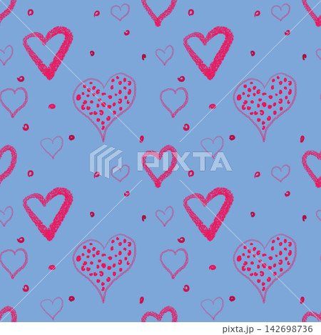 Simple gentle seamless pattern for fabrics, wrapping paper gifts for Valentine's Day. Abstract pink hearts on a blue background. 142698736
