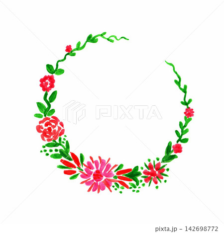 Hand drawn gentle floral watercolor round frame. For the decor of postcards, stickers, labels, products, cosmetics. Bright red, pink flowers, green foliage isolated on a white background. Hand drawn gentle floral watercolor round frame. For the decor of postcards, stickers, labels, products, cosmetics. Bright red, pink flowers, green foliage isolated on a white background. 142698772