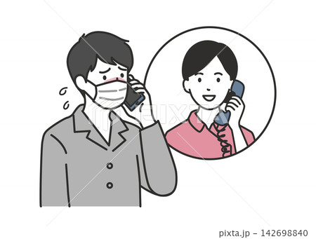 発熱外来への事前受診予約や相談を電話でする男性患者と看護師のイラスト 発熱外来への事前受診予約や相談を電話でする男性患者と看護師のイラスト 142698840