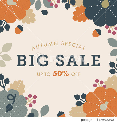 秋のビッグセール50%オフ案内バナー かぼちゃとどんぐりのフレーム飾り 秋のビッグセール50%オフ案内バナー かぼちゃとどんぐりのフレーム飾り 142698858