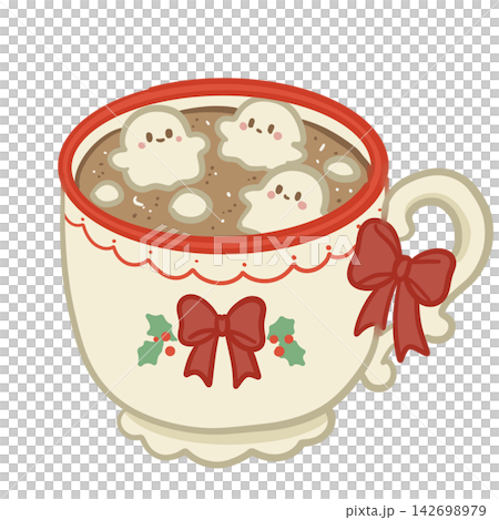 Cute Christmas Hot Chocolate Mug With Tiny Marshmallow Ghosts Red Bows Holly Berries Cozy Spooky Holiday Drink Illustration Cute Christmas Hot Chocolate Mug With Tiny Marshmallow Ghosts Red Bows Holly Berries Cozy Spooky Holiday Drink Illustration 142698979