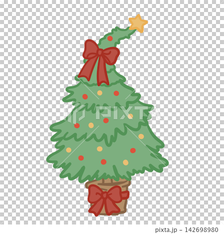 Cute Vintage Christmas Tree With Red Bows Colorful Ornaments Golden Star Cozy Retro Holiday Winter Decoration Illustration 142698980