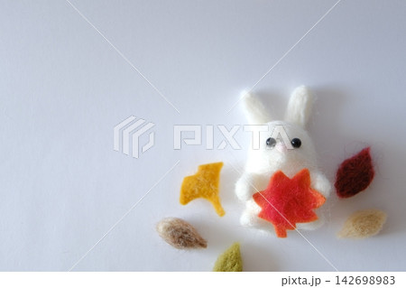 紅葉を抱えた羊毛フェルトの白うさぎと秋の葉 紅葉を抱えた羊毛フェルトの白うさぎと秋の葉 142698983