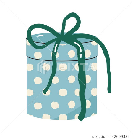 Round blue gift box with polka dots and green ribbon bow for christmas and birthday Round blue gift box with polka dots and green ribbon bow for christmas and birthday 142699382
