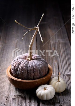 Textured heirloom pumpkin beside white gourds Textured heirloom pumpkin beside white gourds 142699633
