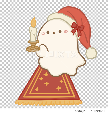Cute Christmas Ghost Wearing Santa Hat Holding Glowing Candle on Vintage Golden Candleholder Cozy Traditional Holiday Illustration Cute Christmas Ghost Wearing Santa Hat Holding Glowing Candle on Vintage Golden Candleholder Cozy Traditional Holiday Illustration 142699655