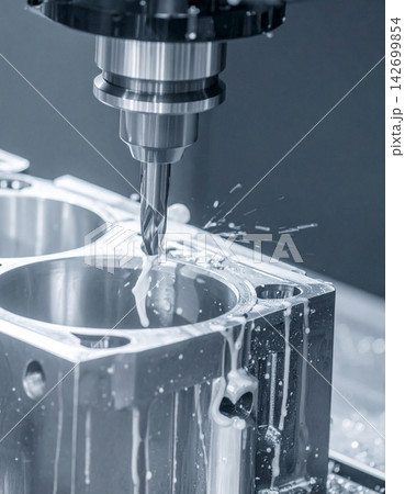 3 axis machining center cuts the engine cylinder block with a solid ball-end mill 3 axis machining center cuts the engine cylinder block with a solid ball-end mill 142699854