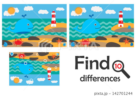 Find 10 differences, game for children, ocean life in cartoon style, education game for kids, preschool worksheet activity, task for the development of logical thinking, vector illustration 142701244