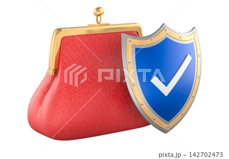 Secure wallet with protection shield and check mark. 3D rendering Secure wallet with protection shield and check mark. 3D rendering 142702473